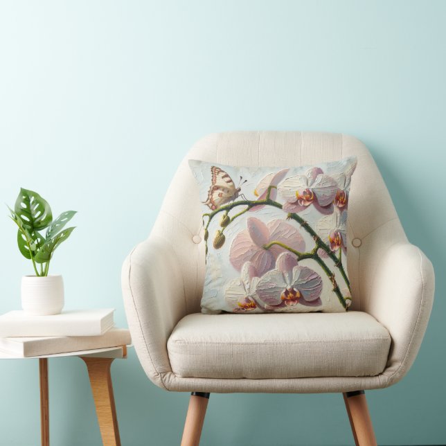 Impasto Paint Butterfly and Orchids Throw Pillow (Chair)