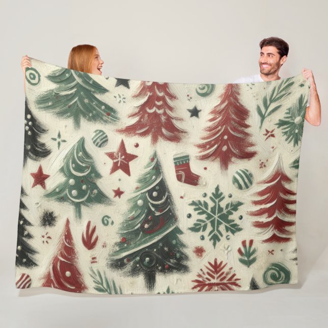 Impasto Red and Green Christmas Motifs Collage Fleece Blanket (In Situ)