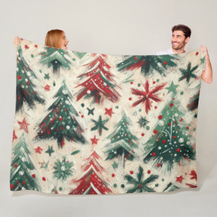 Impasto Red and Green Christmas Trees Collage Fleece Blanket