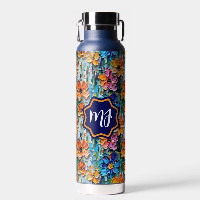 Impasto Style Flowers in a Colorful Monogrammed Water Bottle (Front)