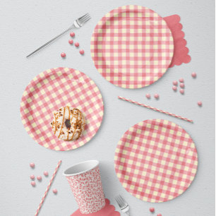 Imperfect Hand Drawn Plaid Rustic Picnic Deep Pink Paper Plates