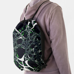 Imperfect white fractal on black space, knitted drawstring bag