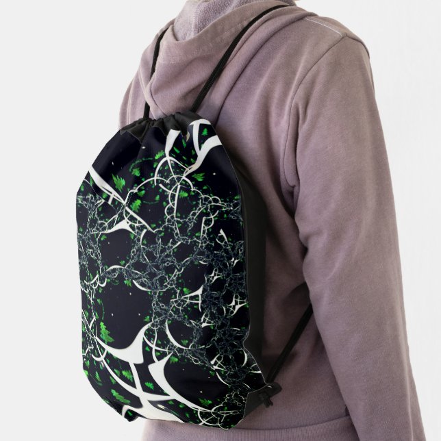 Imperfect white fractal on black space, knitted drawstring bag (Insitu)