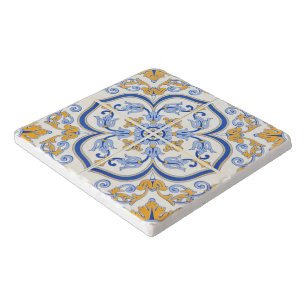 Imperial Blossom Hand Painted Blue and Gold Floral Trivet