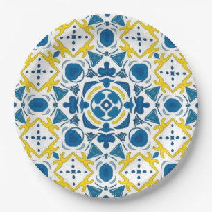 Imperial Blue Elegant Geometric Mosaic Paper Plates