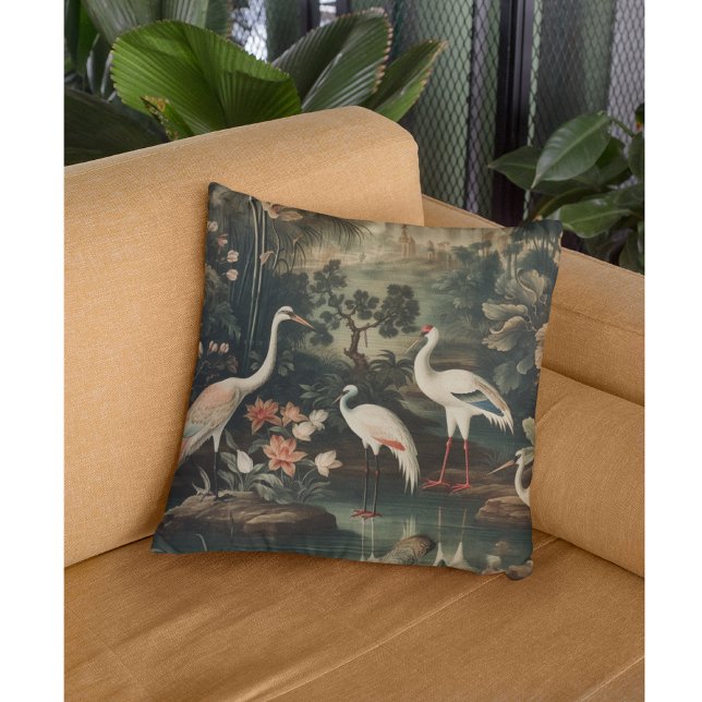 Imperial Court Crane & Palace Vista Vintage Throw Pillow (Creator Uploaded)