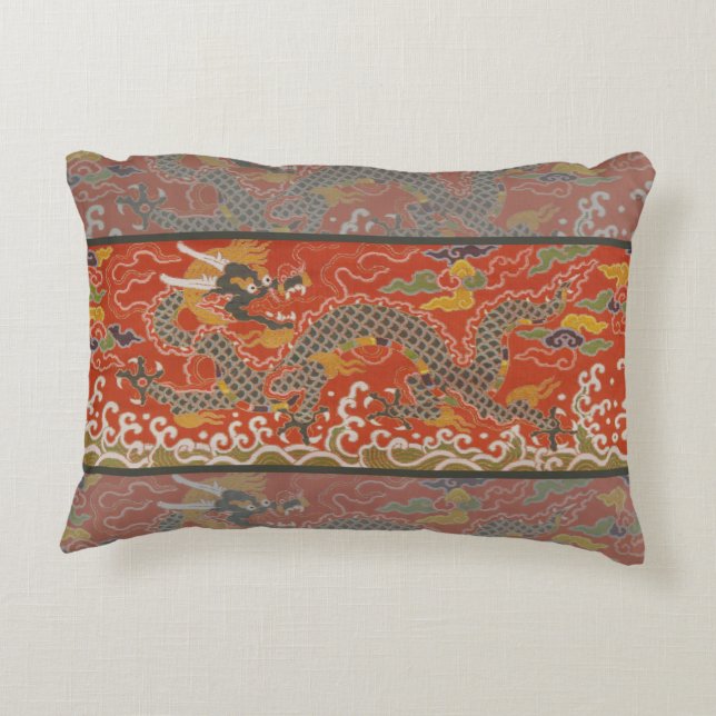 Imperial Red & Black Dragon Silk Pattern Accent Pillow (Back)
