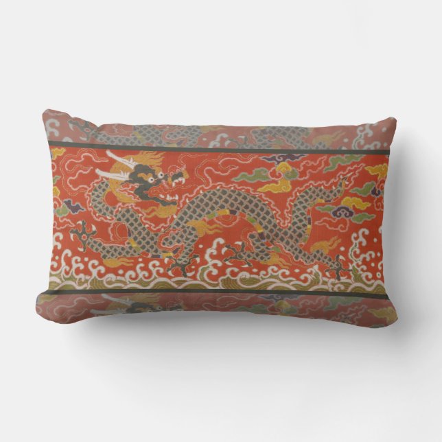 Imperial Red & Black Dragon Silk Pattern Lumbar Pillow (Front)