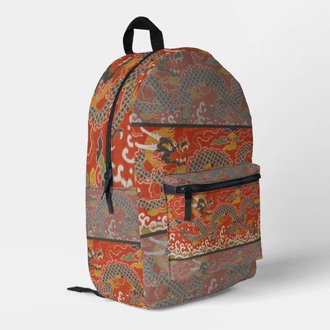 Imperial Red & Black Dragon Silk Pattern Printed Backpack (Back Corner Left)