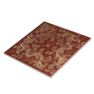 Imperial Red & Gold Dragon Silk Art Ceramic Tile
