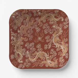 Imperial Red & Gold Dragon Silk Art Paper Plates