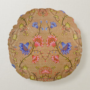 Imperial Red & Gold Interlocking Floral Silk Art Round Pillow