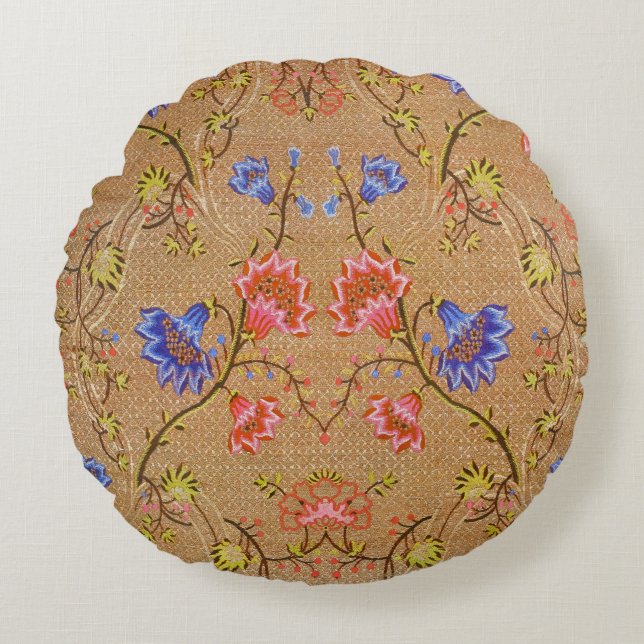 Imperial Red & Gold Interlocking Floral Silk Art Round Pillow (Front)