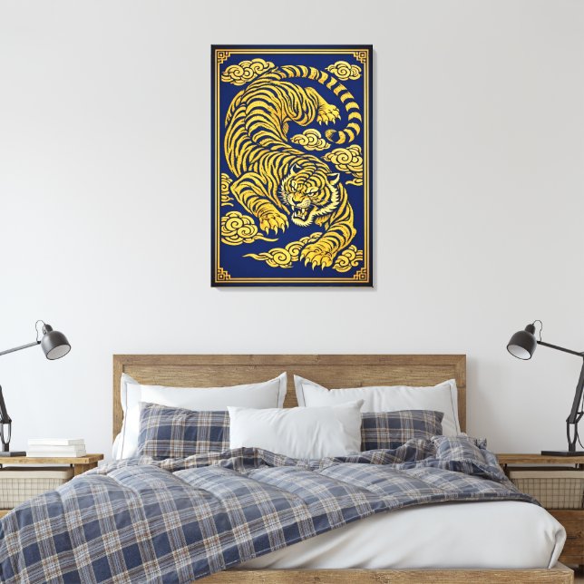 Imperial Tiger – Gold & Blue Canvas Print (Insitu(Bedroom))