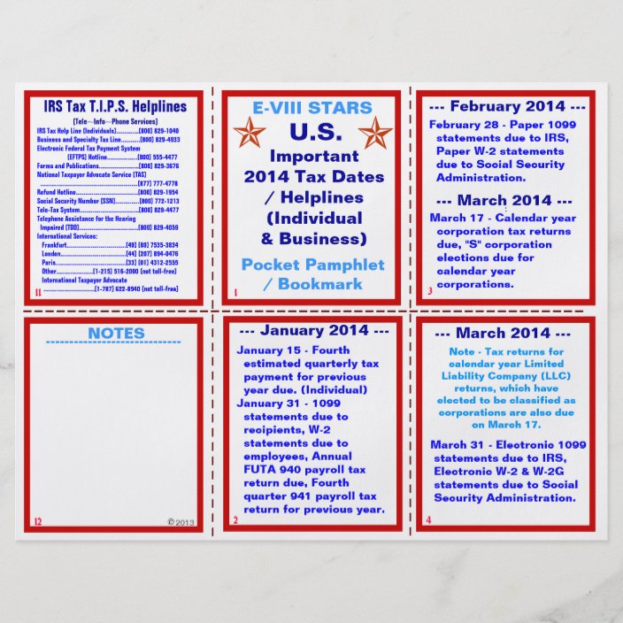 Important 14 Tax Dates Helplines Pamphlet Flyer Zazzle Com