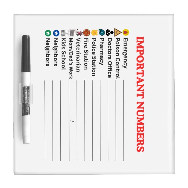 Important Contact Numbers List Dry Erase Board (Front)