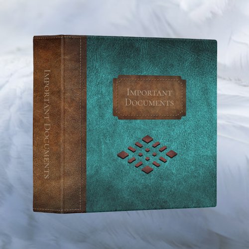 Important Documents Faux Teal Leather 3 Ring Binder