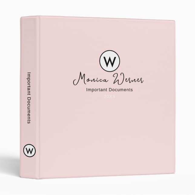 Important Documents Organizer Elegant Blush Pink 3 Ring Binder (Front/Spine)