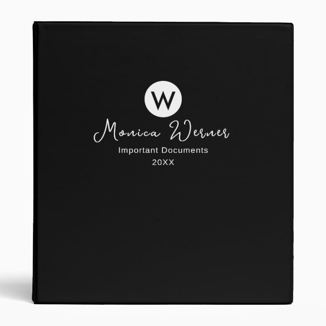 Important Documents Organizer Modern Black 3 Ring Binder (Front)