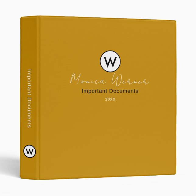 Important Documents Organizer Mustard Yellow 3 Ring Binder (Front/Spine)