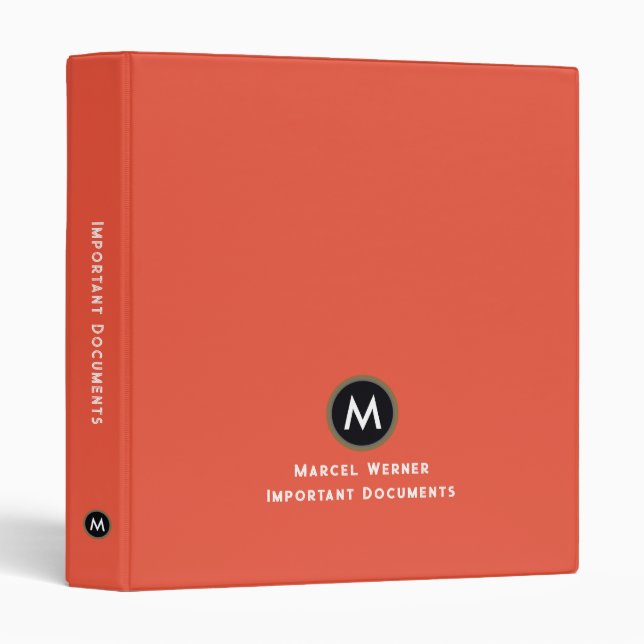 Important Documents Organizer Orange Red 3 Ring Binder (Front/Spine)
