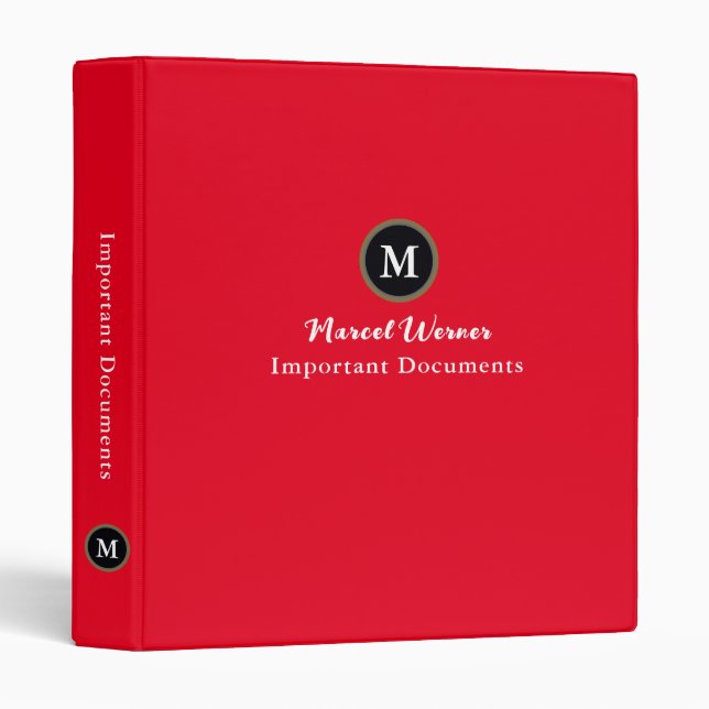 Important Documents Organizer Vivid Red 3 Ring Binder (Front/Spine)