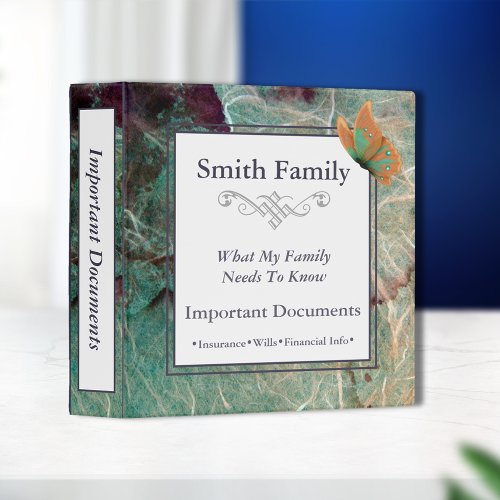 Important Family Documents  Butterfly Green 3 Ring Binder