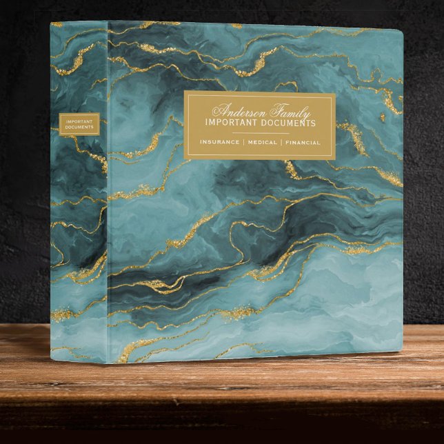 Important Family Documents Estate Planning 3 Ring Binder (An elegant teal & gold estate planning binder for your important documents.)
