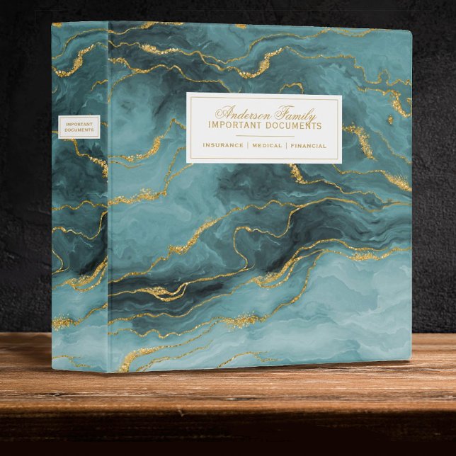 Important Family Documents Estate Planning 3 Ring  Binder (An elegant teal & gold marble pattern decorates this estate planning binder, for your important docs)