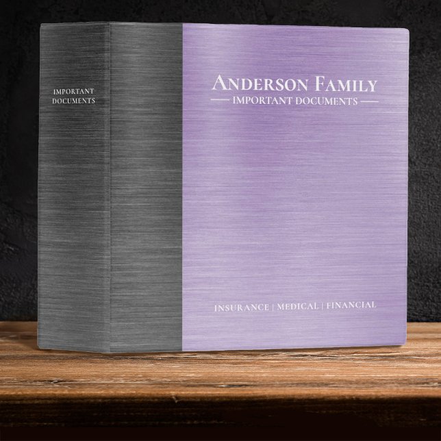 Important Family Documents Estate Planning Binder (A lavender purple  brushed metal important document binder for storing your important papers.)