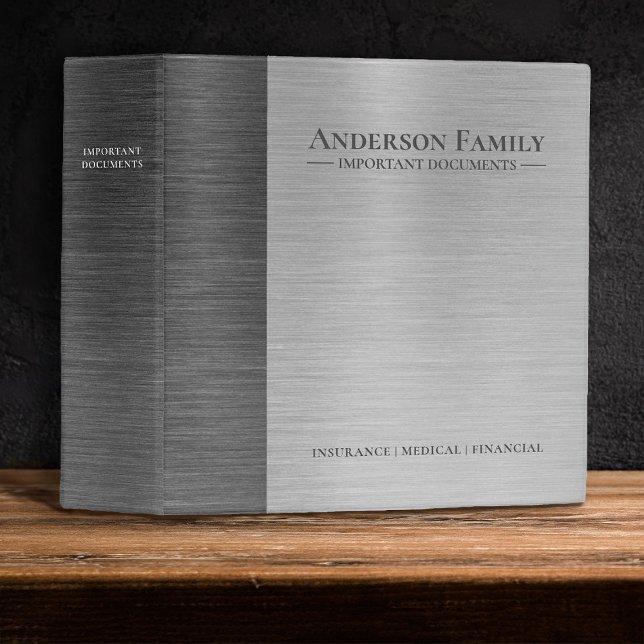Important Family Documents Estate Planning Binder (A classy silver brushed metal estate planning binder. Perfect for your important documents.)