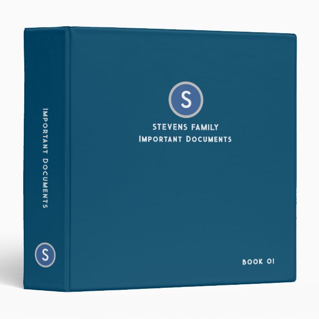 Important Family Documents Organizer Ocean-Blue 3 Ring Binder (Front/Spine)