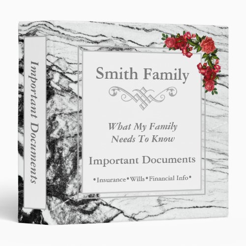 Important Family Documents  Silver Marble 3 Ring Binder