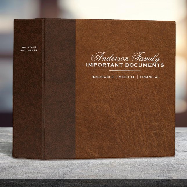 Important Family Documets Estate Planning Binder (An elegant brown faux leather important documents binder. Perfect for storing your personal papers.)