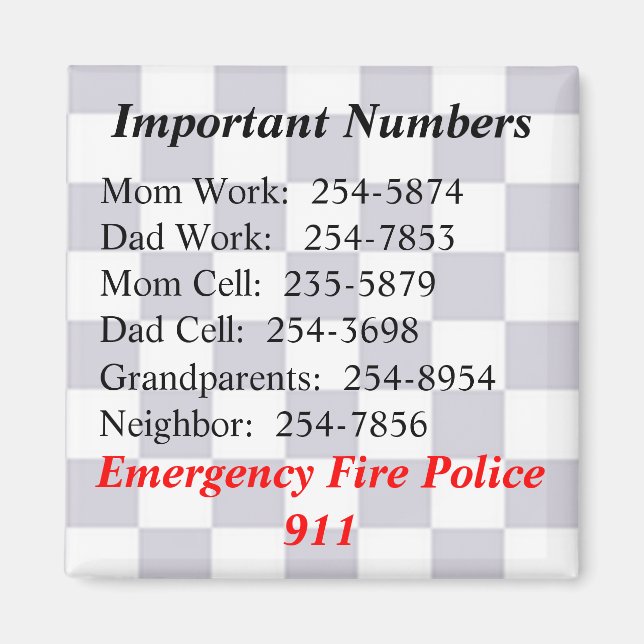 Important Numbers Magnet (Front)