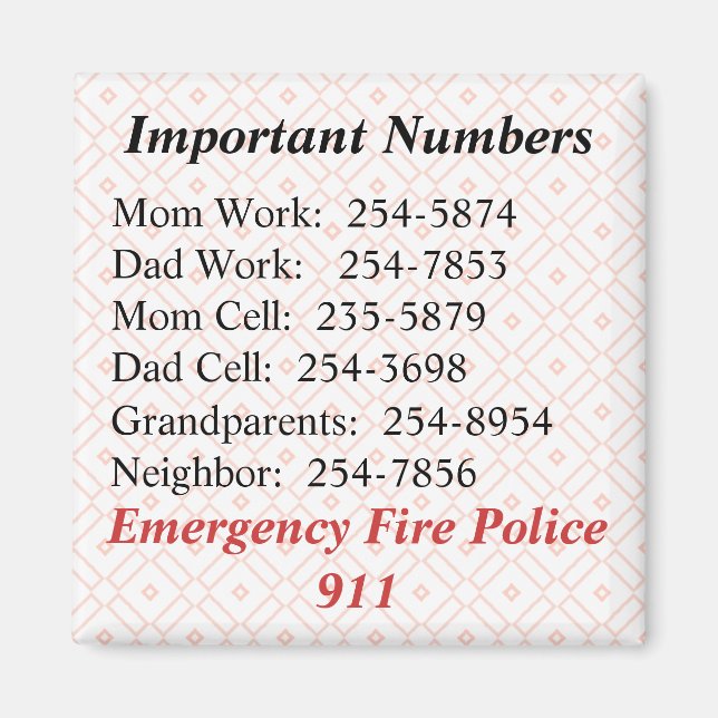 Important Numbers Magnet (Front)