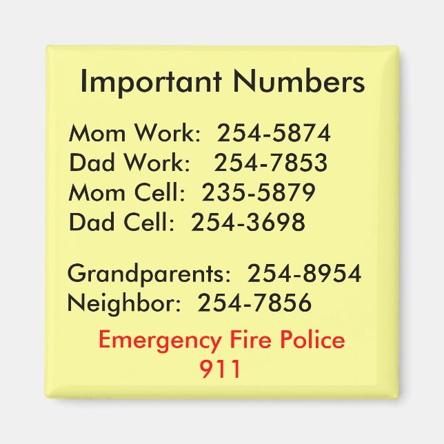 Important Numbers Magnet (Front)