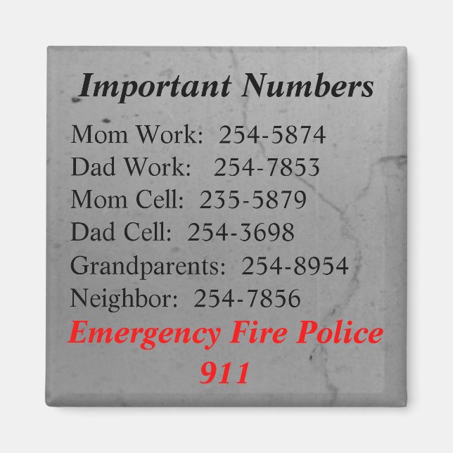 Important Numbers Magnet (Front)