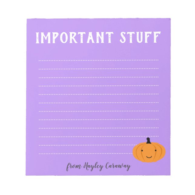 Important stuff Cute Halloween Pumpkin Fall Purple Notepad (Front)