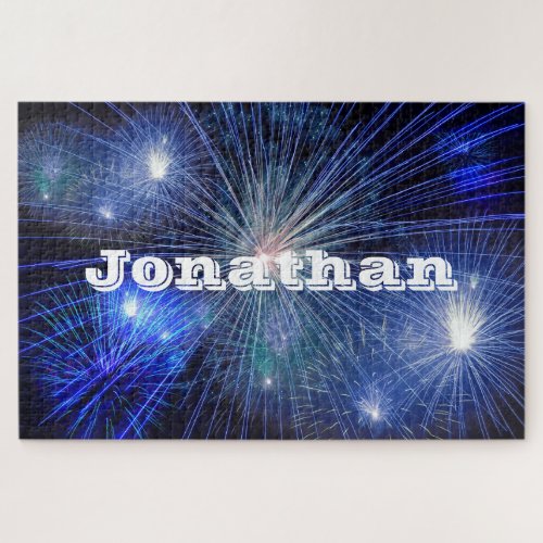 Impossible blue fireworks nightsky personalized jigsaw puzzle