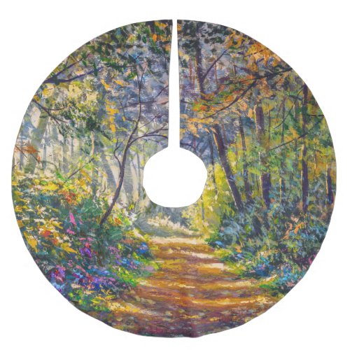 Impressionism Path Sunny Forest Watercolor Brushed Polyester Tree Skirt