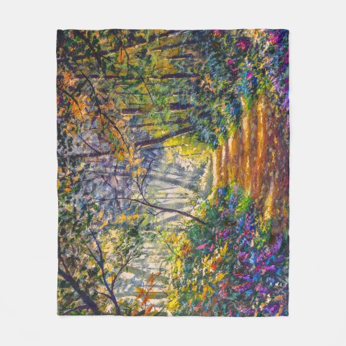Impressionism Path Sunny Forest Watercolor Fleece Blanket