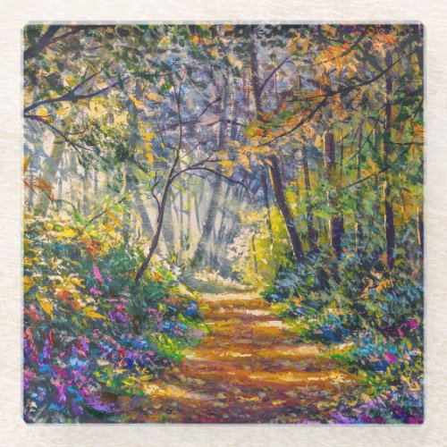 Impressionism Path Sunny Forest Watercolor Glass Coaster
