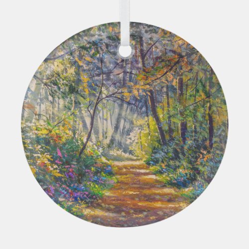 Impressionism Path Sunny Forest Watercolor Glass Ornament