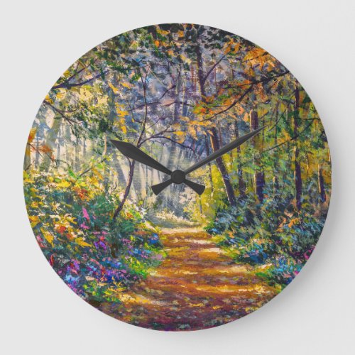 Impressionism Path Sunny Forest Watercolor Large Clock
