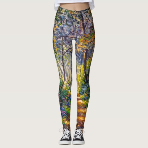 Impressionism Path Sunny Forest Watercolor Leggings
