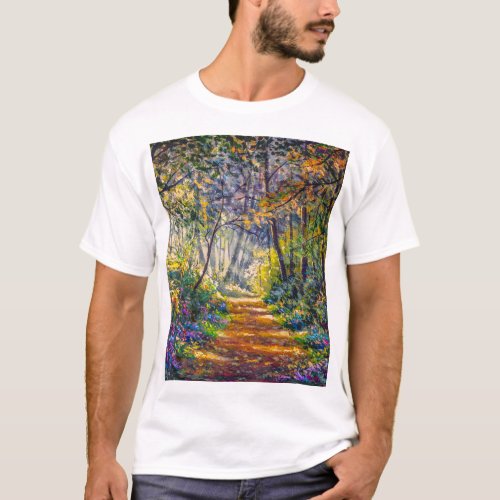 Impressionism Path Sunny Forest Watercolor T_Shirt