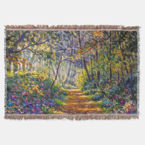 Impressionism Path Sunny Forest Watercolor Throw Blanket