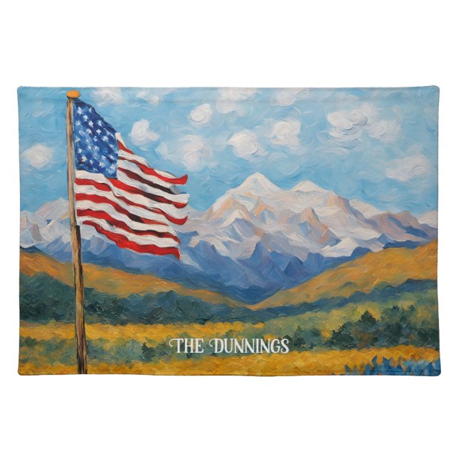 Impressionist American Flag and Mountains Cloth Placemat (Front)