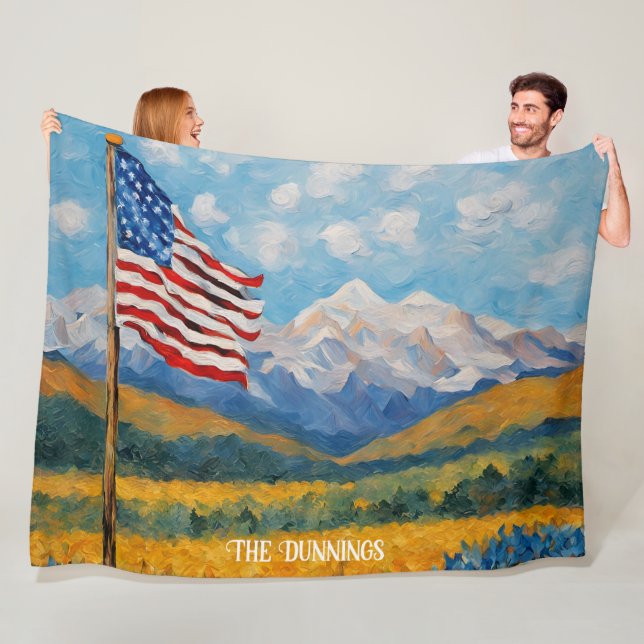 Impressionist American Flag and Mountains Fleece Blanket (In Situ)